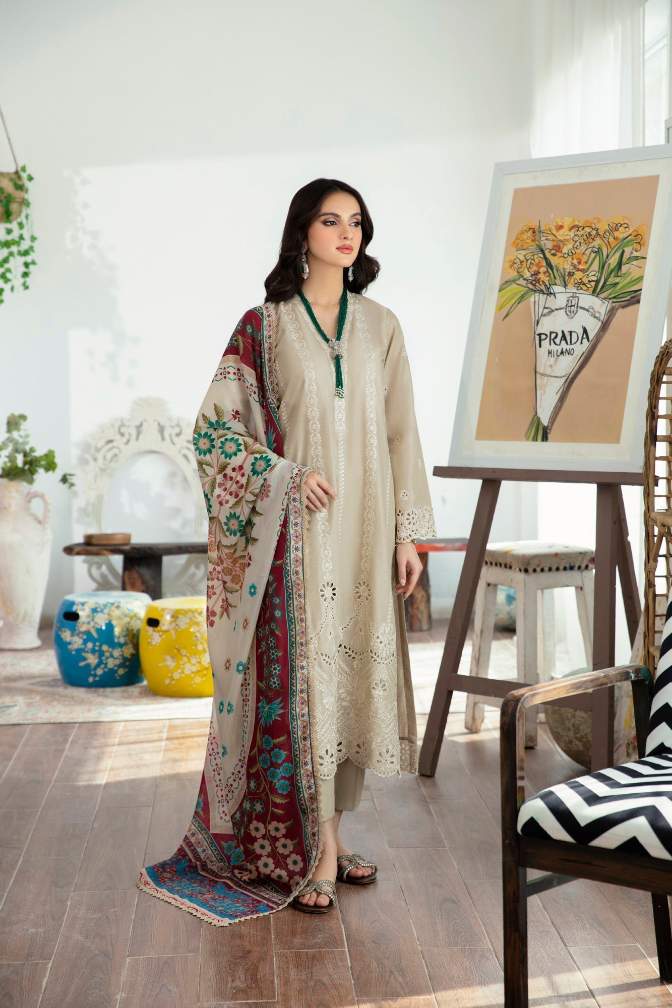 DHANAK 3PC CHICKENKARI HEAVY EMBROIDERED UNSTITCHED (NC 7511)